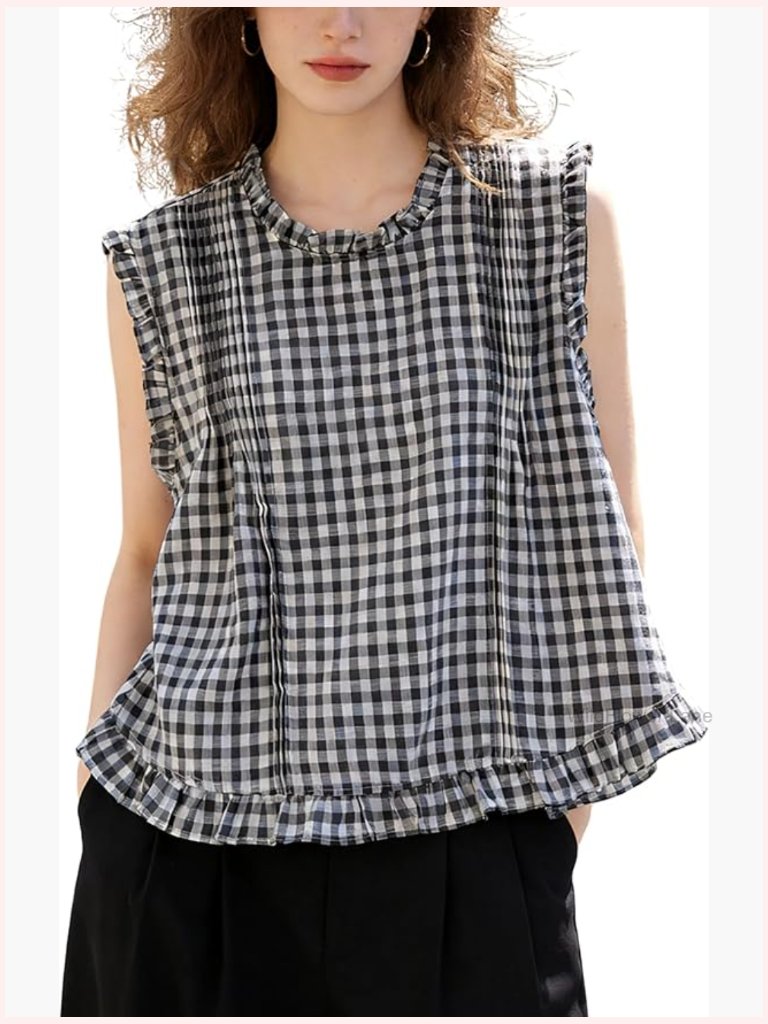 Sleeveless Plaid Button Down Tank Top Retro Summer Vest Blouse